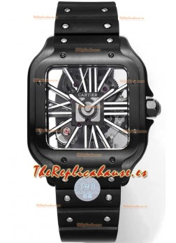 Santos De Cartier Reloj Dial Skeleton - Caja y Bisel Revestida en DLC Correa de Goma