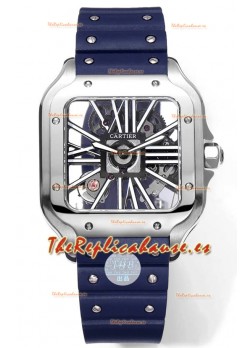 Santos De Cartier Reloj Dial Skeleton - Caja Acero Inoxidable Correa de Goma Azul