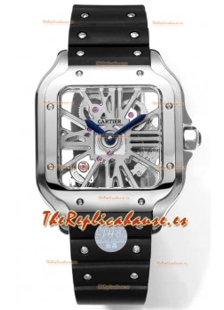 Santos De Cartier Reloj Dial Skeleton - Caja Acero Inoxidable y Bisel Negro Correa Goma