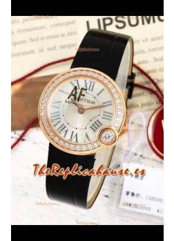 Ballon Blanc De Cartier Reloj Réplica Cuarzo Suizo Bisel Diamantes Caja Oro Rosado Correa Piel