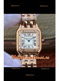 Cartier Edición PANTHERE Réplica a Espejo 1:1 Reloj Suizo Oro Rosado Dial Blanco - Bisel con Diamantes