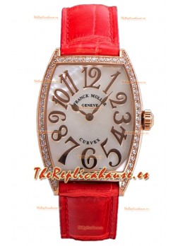 Franck Muller Cintree Curvex Dial Madre Perla Reloj Chapado en Oro Rosado - Correa Roja