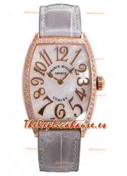 Franck Muller Cintree Curvex Dial Madre Perla Reloj Chapado en Oro Rosado - Correa Gris