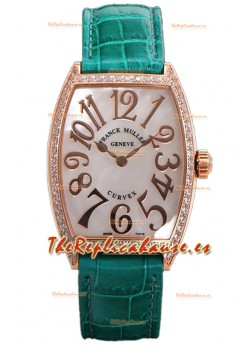 Franck Muller Cintree Curvex Dial Madre Perla Reloj Chapado en Oro Rosado - Correa Verde