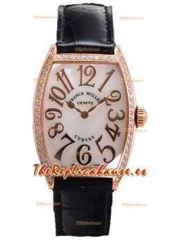 Franck Muller Cintree Curvex Dial Madre Perla Reloj Chapado en Oro Rosado - Correa Negra