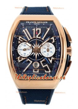 Franck Muller Vanguard V45 Cronógrafo 904L Oro Rosado Dial Azul Reloj Swiss