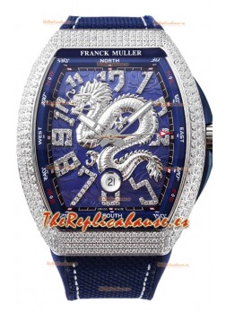 Franck Muller Vanguard Yachting Dragon V45 Dial Azul en Bisel Diamantes Réplica Suiza