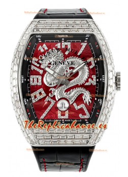 Franck Muller Vanguard Yachting Dragon V45 Dial Rojo con Bisel Cuadrado Diamantes Réplica Suiza