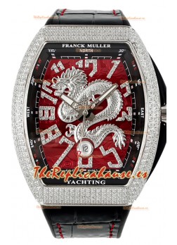Franck Muller Vanguard Yachting Dragon V45 Dial Rojo con Bisel Redondeado Diamantes Réplica Suiza