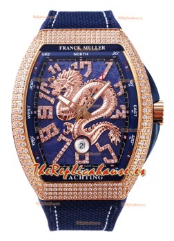 Franck Muller Vanguard Yachting Dragon V45 Dial Azul Bisel en Dorado Diamantes Réplica Suiza