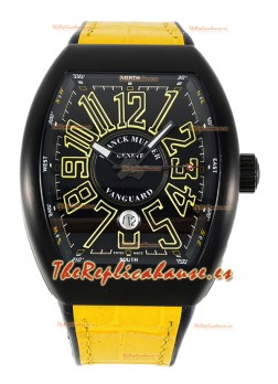 Franck Muller Vanguard en Caja Revestida DLC Dial Negro Réplica Suiza Correa Amarilla 