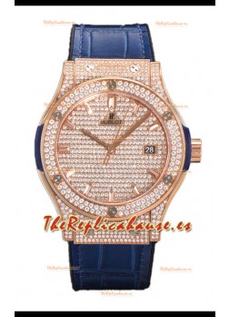 Hublot Classic Fusion Automático Dial Oro Rosado pavimentado en Diamantes Correa Azul 42MM Reloj Superclone Réplica