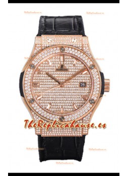 Hublot Classic Fusion Automático Dial Oro Rosado pavimentado en Diamantes Correa Gris 42MM Reloj Superclone Réplica