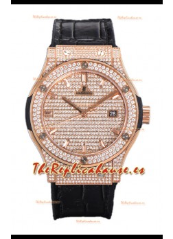 Hublot Classic Fusion Automático Dial Oro Rosado pavimentado en Diamantes Correa Negra 42MM Reloj Superclone Réplica 