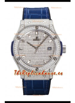 Hublot Classic Fusion Automático Dial Acero pavimentado en Diamantes Correa Azul 42MM Reloj Superclone Réplica 