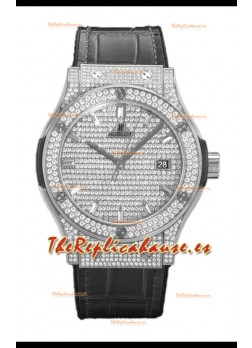 Hublot Classic Fusion Automático Dial Acero pavimentado en Diamantes Correa Gris 42MM Reloj Superclone Réplica
