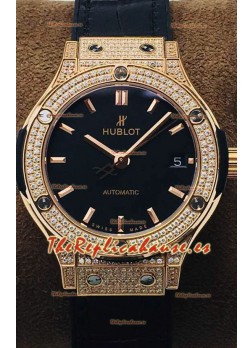 Hublot Classic Fusion Diamonds Oro Rosado Dial Acero Negro 38MM Reloj Réplica Suizo Calidad Espejo 1:1
