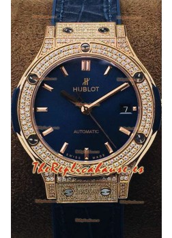 Hublot Classic Fusion Diamonds Oro Rosado Dial Azul 38MM Reloj Réplica Suizo Calidad Espejo 1:1
