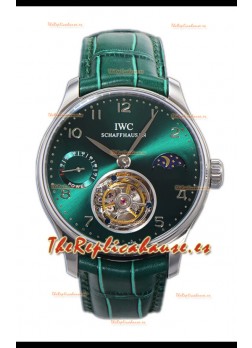 IWC Portugese Hand-Wound Genuino Tourbillon Dial Verde Caja Acero Reloj Réplica Suiza 