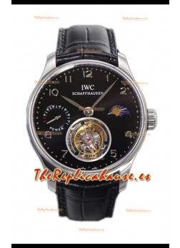 IWC Portugese Hand-Wound Genuino Tourbillon Dial Negro Caja Acero Reloj Réplica Suiza 