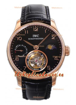 IWC Portugese Hand-Wound Genuine Tourbillon Dial Negro Caja Oro Rosado Reloj Réplica Suiza 