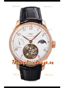 IWC Portugese Hand-Wound Genuino Tourbillon Dial Blanco Caja Oro Rosado Reloj Réplica Suiza 