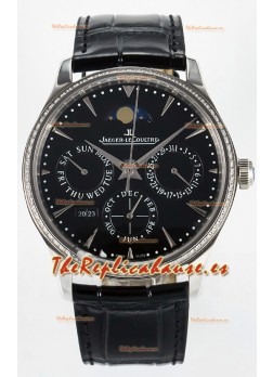 Jaeger LeCoultre Super Clone Master Ultra-Thin Calendario Perpetuo Dial Negro Reloj Diamantes