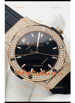 Hublot Classic Fusion Diamantes Oro Rosado Dial Negro Reloj Réplica Suizo Calidad Espejo 1:1