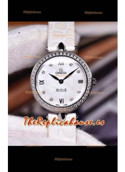 Omega De Ville Edición Prestige Dewdrop Reloj Cuarzo Suizo Dial y Correa Blancos