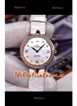 Omega De Ville Edición Prestige Dewdrop Reloj Cuarzo Suizo en Oro Rosado Correa Blanca