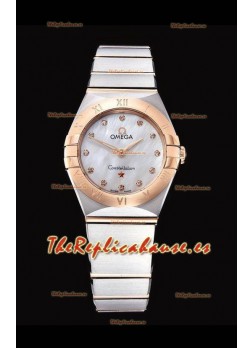 Omega Constellation Ladies Cuarzo Suizo Reloj Réplica a Espejo 1:1 - Caja en Dos Tonos Dial Blanco Perla