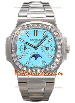 Patek Philippe Nautilus 5740 Perpetual Calendar Oro Blanco Dial Tiffany Bisel Diamantes Reloj Réplica Suiza 