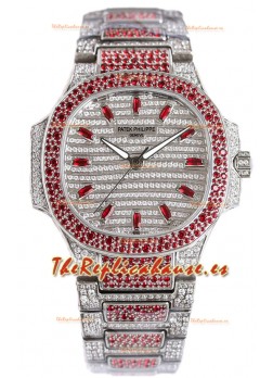Patek Philippe Nautilus 7118R 35MM 1:1 Reloj con Diamantes Rojos Pavimentados en Caja Acero