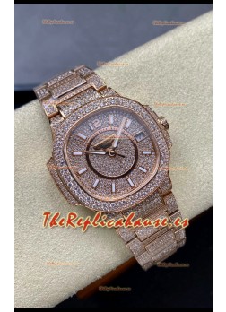 Patek Philippe Nautilus 7010 Pavimentado en Diamantes Oro Rosado 32MM Réplica Espejo 1:1 - Diamantes Genuinos