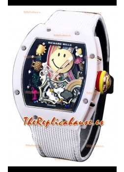 Richard Mille RM088 Reloj Réplica Tourbillon Smiley Caja Cerámica Blanca Correa Nylon