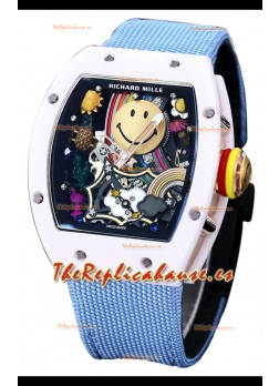 Richard Mille RM088 Reloj Réplica Tourbillon Smiley Caja Cerámica Azul Correa Nylon