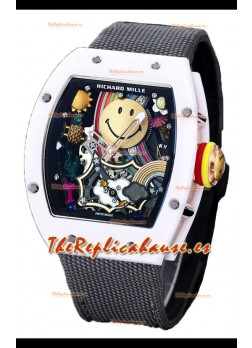 Richard Mille RM088 Reloj Réplica Tourbillon Smiley Caja Cerámica Blanca Correa Nylon