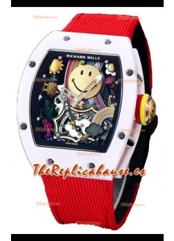 Richard Mille RM088 Reloj Réplica Tourbillon Smiley Caja Cerámica Blanca Correa Nylon Roja