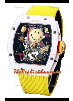 Richard Mille RM088 Reloj Réplica Tourbillon Smiley Caja Cerámica Blanca Correa Nylon Amarilla