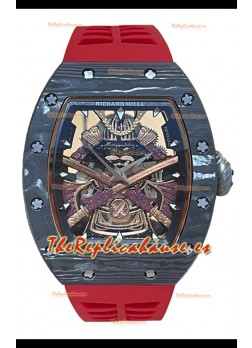 Richard Mille RM047 Samurai Reloj Genuino Tourbillon Caja Carbobono Correa Roja