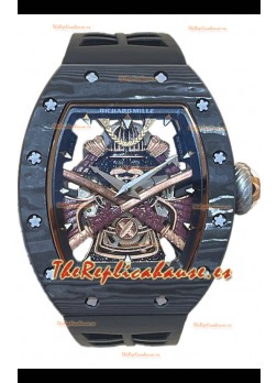 Richard Mille RM047 Samurai Reloj Genuino Tourbillon Caja Carbobono Correa Negra