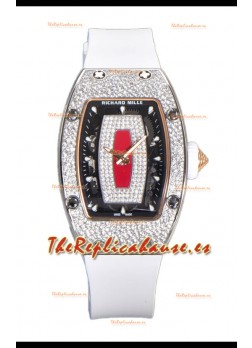 Richard Mille RM007 Reloj Suizo Superclone Acero 904L Dial Rojo Diamantes Pavimentados Correa Blanca