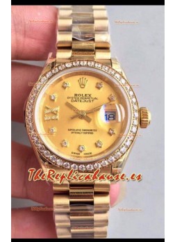 Rolex Datejust Ladies 28MM Movimiento Cal.3135 Réplica Suiza en Dial Gris - Caja en Acero 904L Oro Amarillo