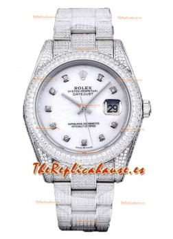 Rolex Datejust 41MM Réplica Suiza - Edición Iced Out con Dial en Blanco Perla