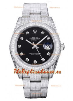 Rolex Datejust 41MM Réplica Suiza - Edición Iced Out en Dial Negro