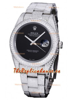 Rolex Datejust 41MM Réplica Suiza - Edición Iced Out en Dial Negro