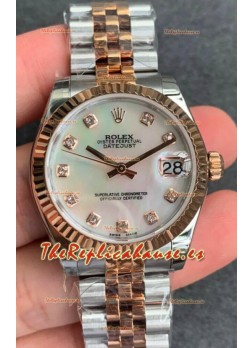 Rolex Datejust 31MM Movimiento ETA-2671 Réplica Suizo en Acero 904L Oro Rosado Dos Tonos Dial Perla