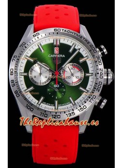 Tag Heuer Carrera Movimiento Cuarzo Suizo Reloj Réplica Dial Verde - Correa de Goma Roja