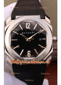Bvlgari Octo Edición Roma Reloj Réplica a Espejo 1:1 Caja en Acero 904L - Dial Negro Correa de Piel