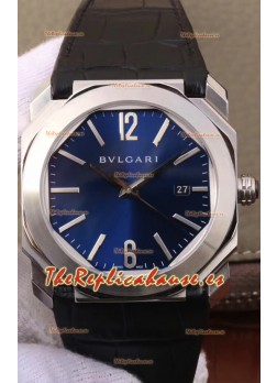 Bvlgari Edición Octo Roma Reloj Réplica a espejo 1:1 Caja en Acero 904L - Dial Azul Oscuro Correa de Piel